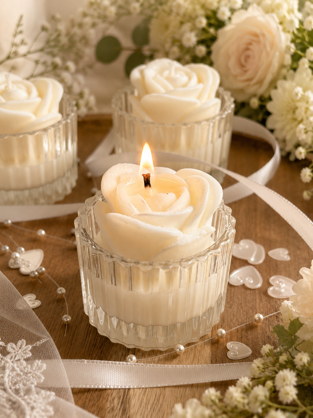 Elegant handcrafted rose wedding favour candles