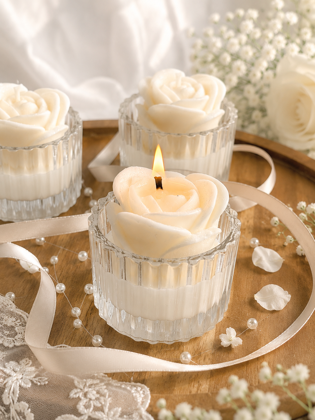 Elegant handcrafted rose wedding favour candles