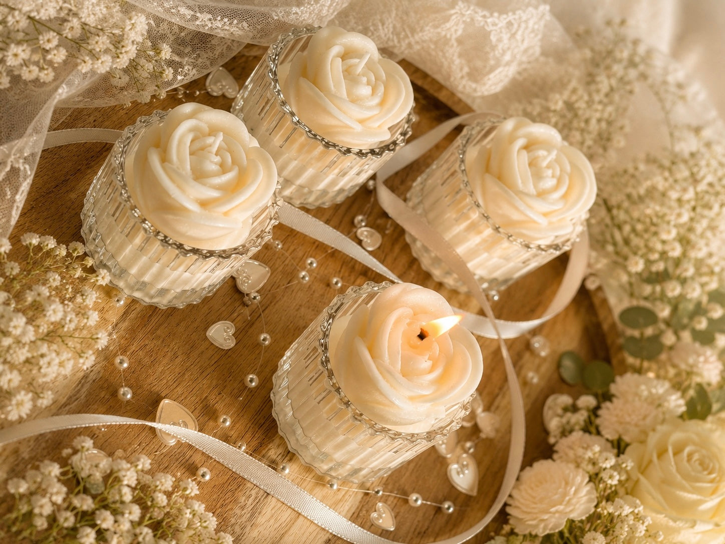 Elegant handcrafted rose wedding favour candles
